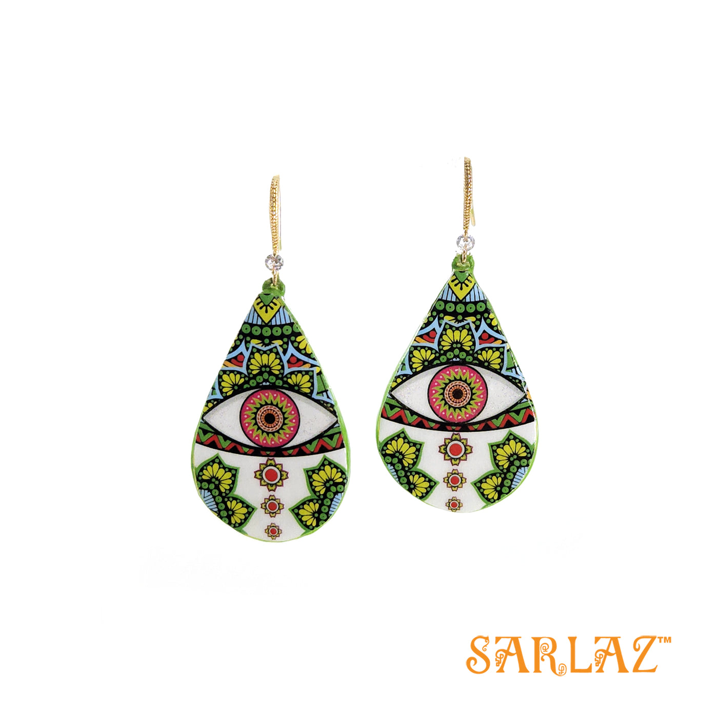 Green Apotropaic Eye design earrings — Pattern theme jewellery
