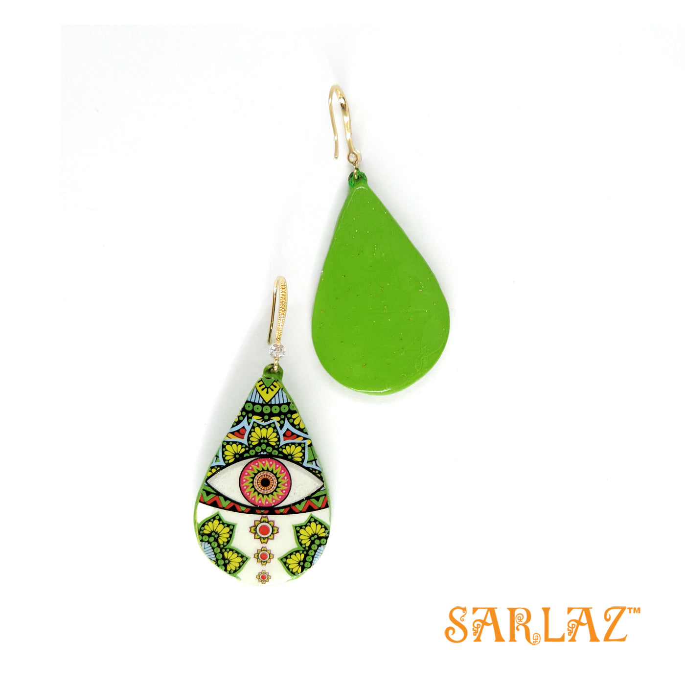 Green Apotropaic Eye design earrings — Pattern theme jewellery