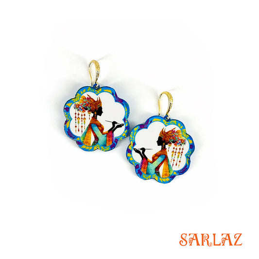 Colorful earrings with a 'SARLAZ' brand logo on a white background