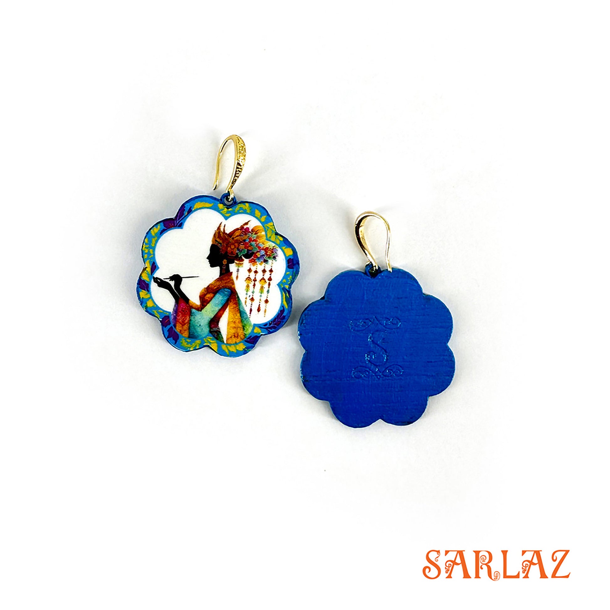 Colourful earrings on a white background with 'SARLAZ' branding.