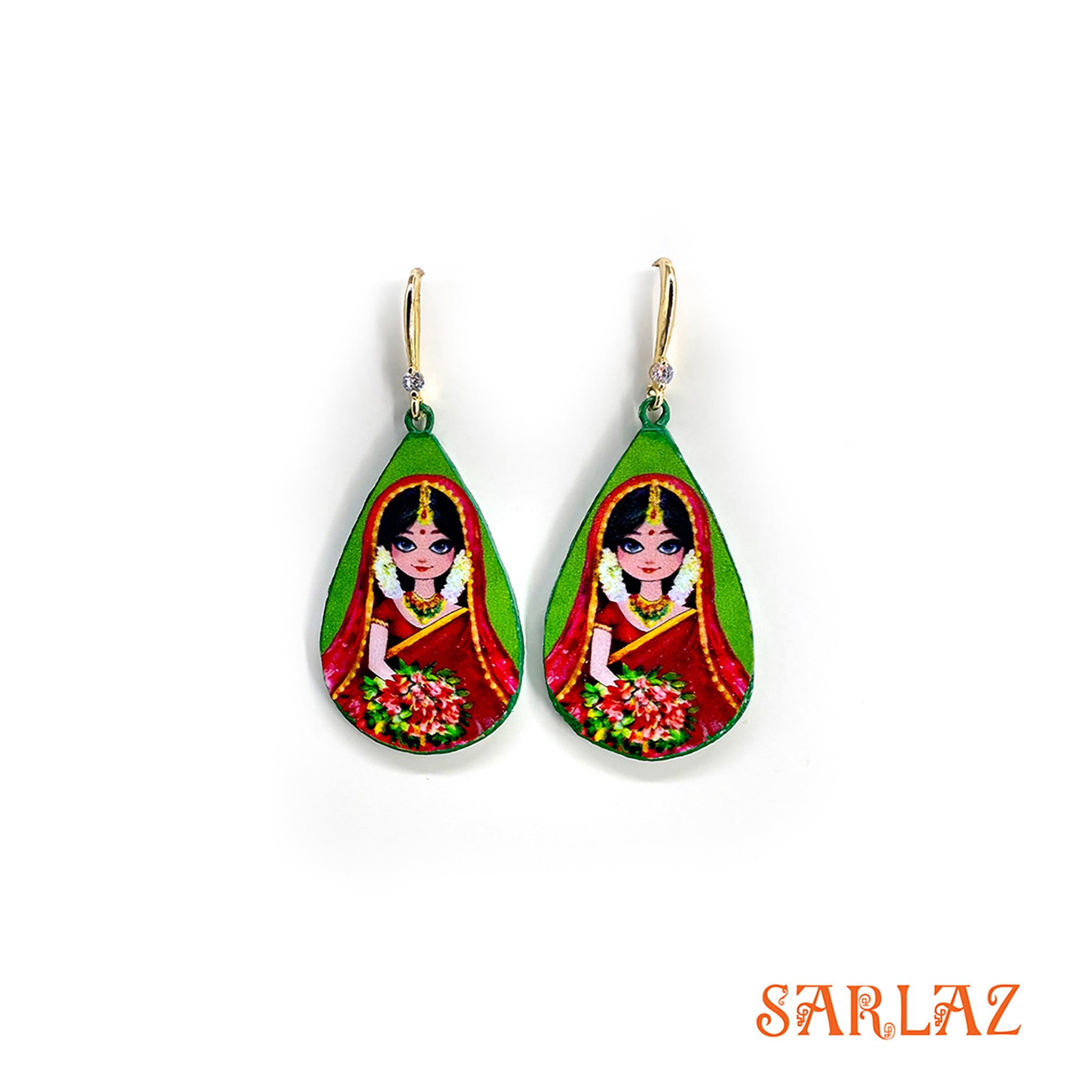 Teardrop-shaped earrings with a colourful design of a bride is shown in full Indian bridal attire, carrying a heritage rich in ceremonial motifs and symbolic meaning., branded 'SARLAZ'.