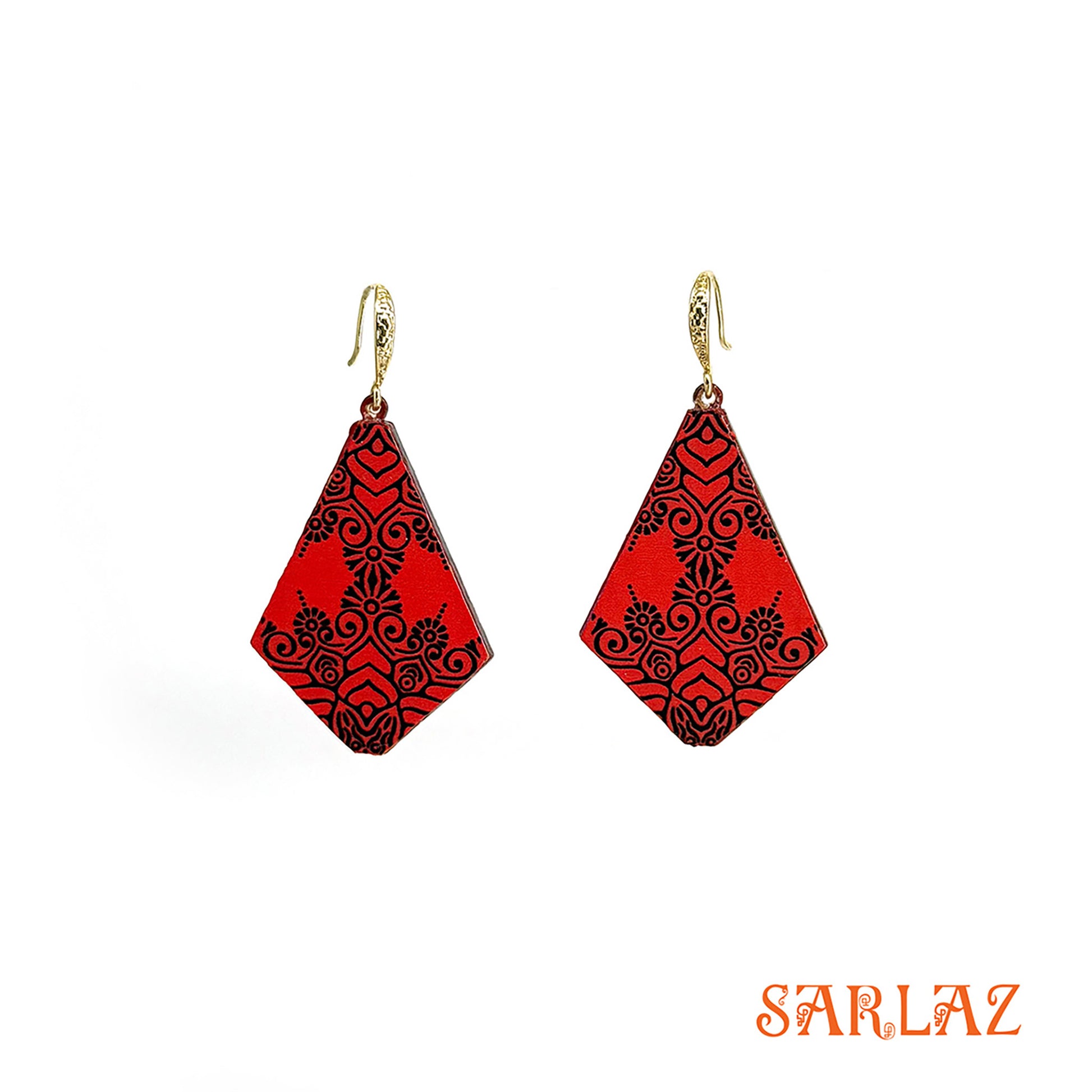 Red earrings with black patterns on a white background, featuring the brand 'SARLAZ'.