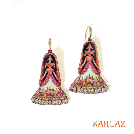 Colourful earrings of a cute Indian Bride design on a white background, featuring the brand 'SARLAZ'.