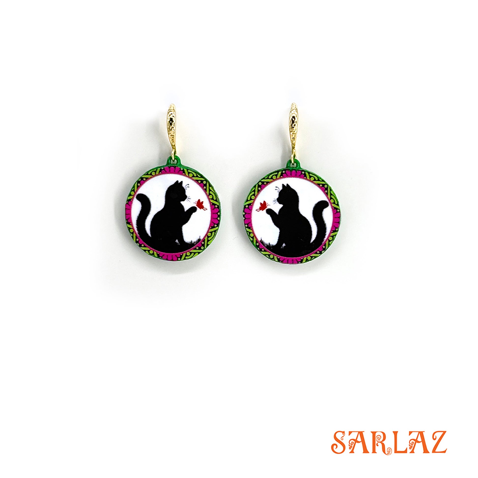 Pair of earrings with cat and butterfly silhouette design on a white background, featuring the brand 'SARLAZ'.