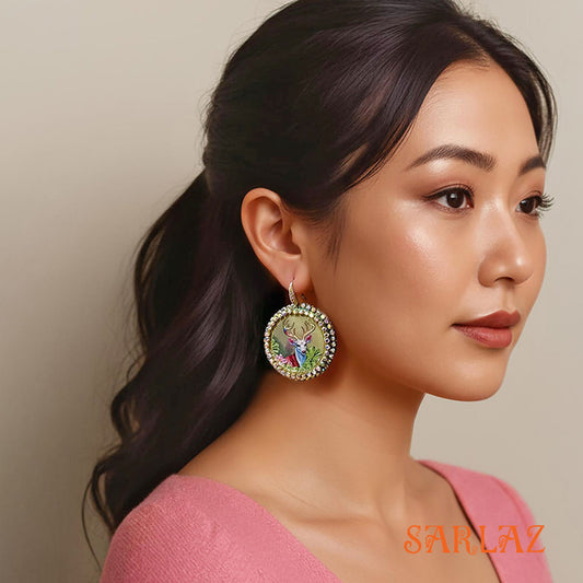 Harina — Rhinestone Embellished Circle setting — Deer Art earrings