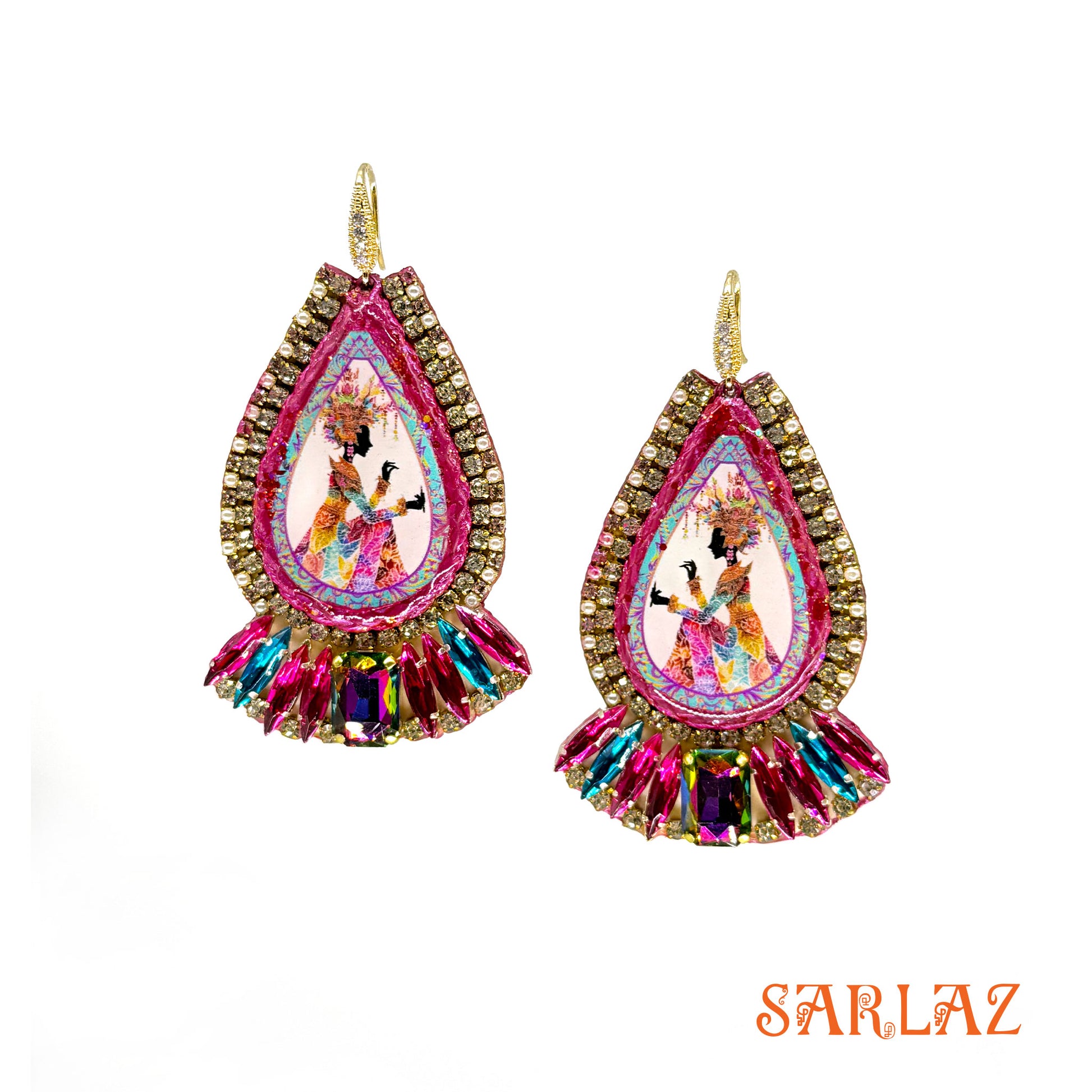 Colourful earrings of a portrait steeped in ceremonial grace — hand-painted with reverence and cultural depth by SARLAZ