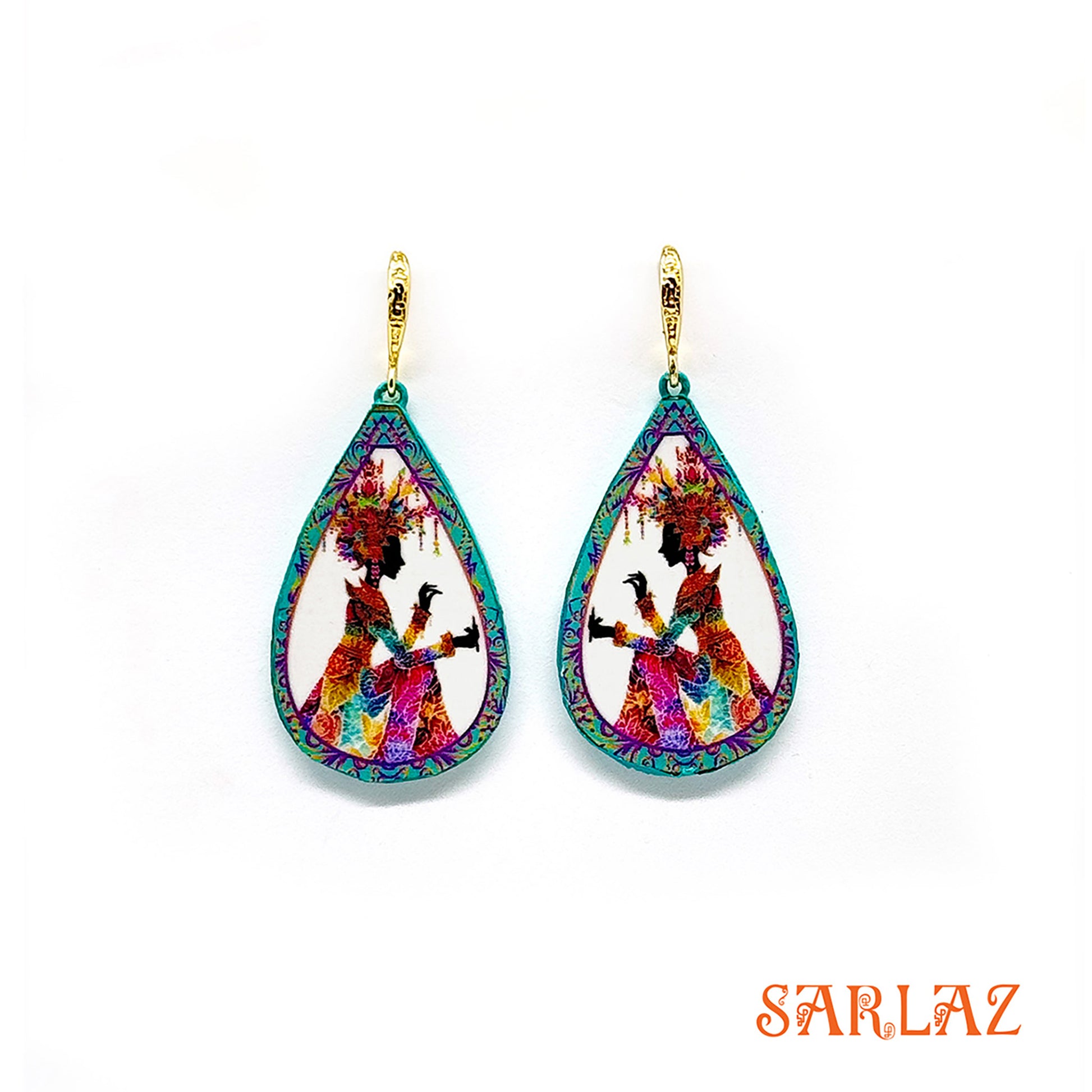 Colorful teardrop-shaped earrings with a dancer design on a white background, featuring the brand 'SARLAZ'.