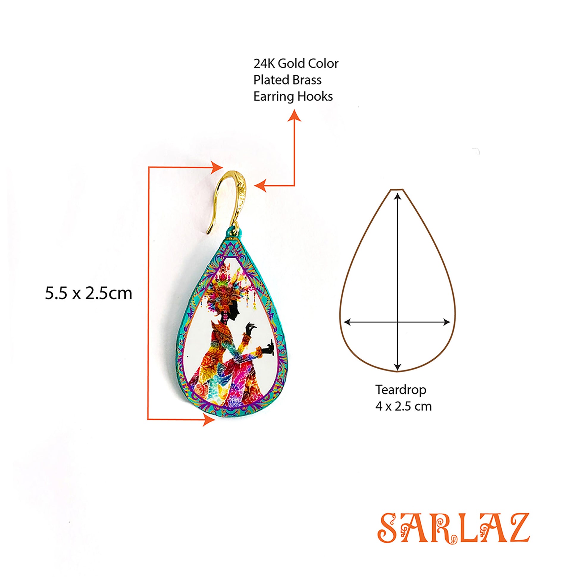 Colorful teardrop-shaped earring with measurements and brand name 'SARLAZ' on a white background