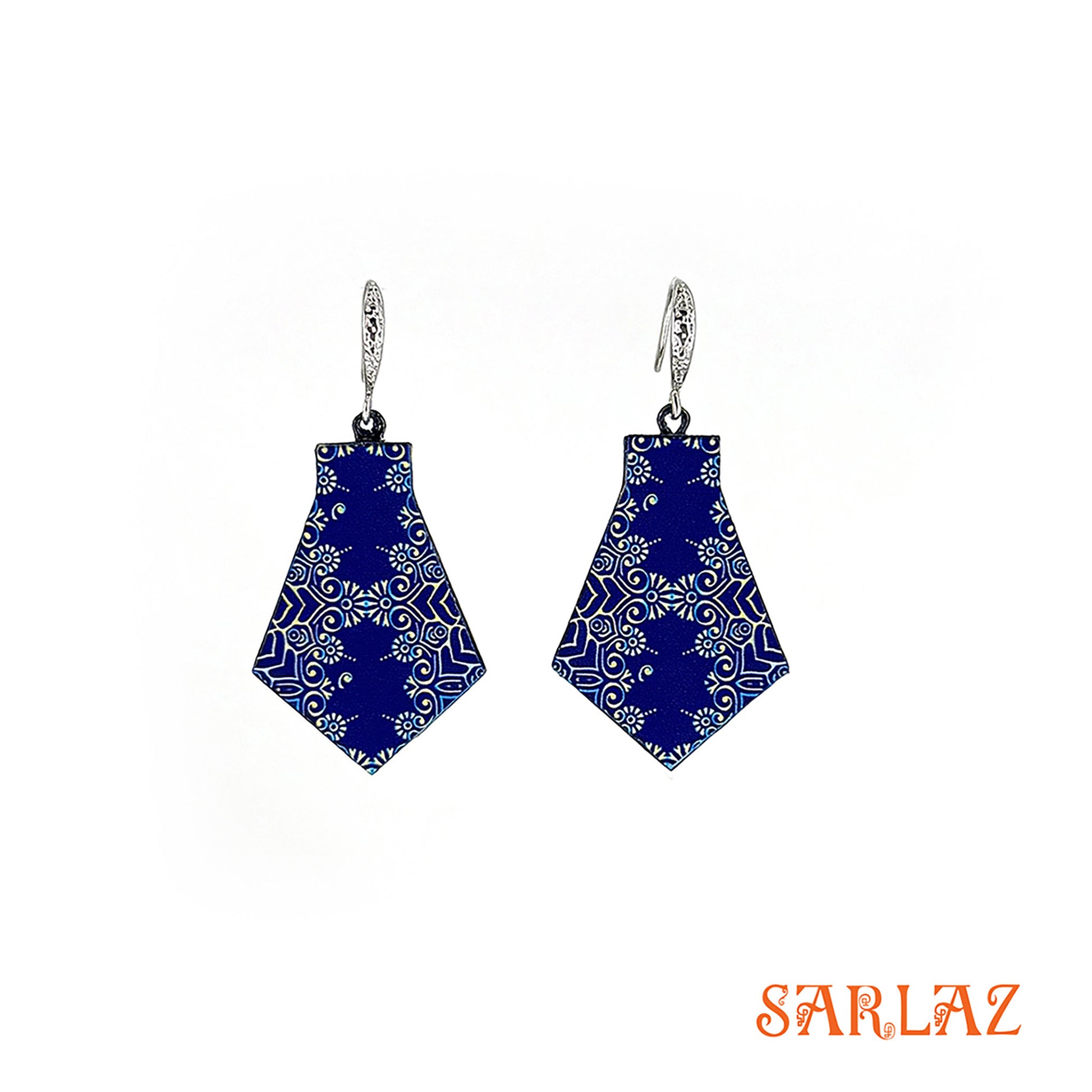 Pair of blue patterned earrings with silver hooks on a white background, featuring the brand 'SARLAZ'.