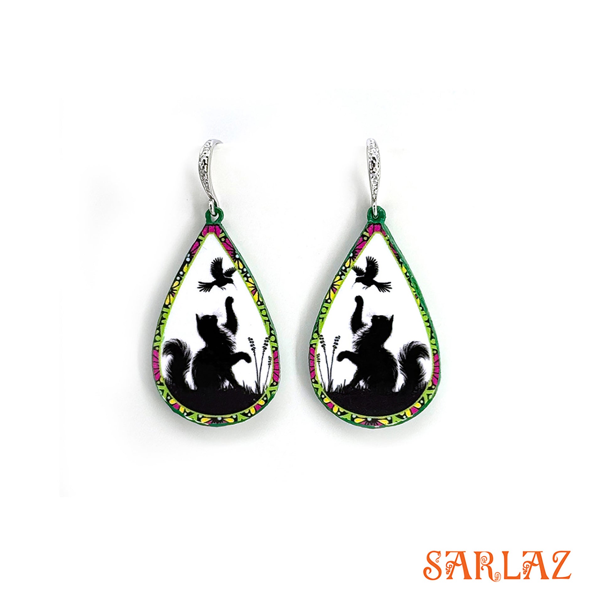 Teardrop-shaped earrings with cat and bird design on a white background, featuring the brand 'SARLAZ'.