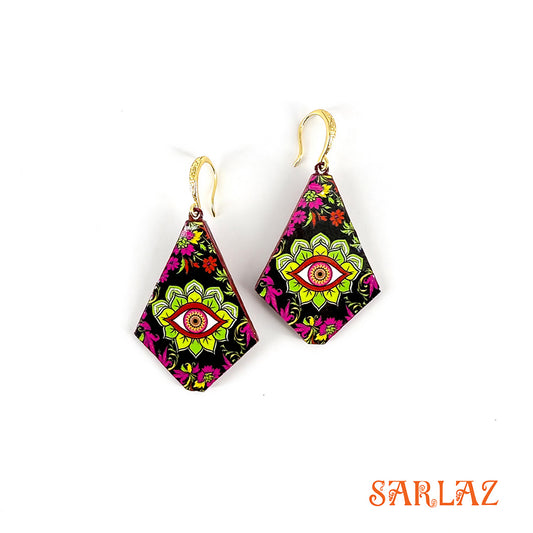 Colorful geometric earrings with eye design on a white background, branded 'SARLAZ'.
