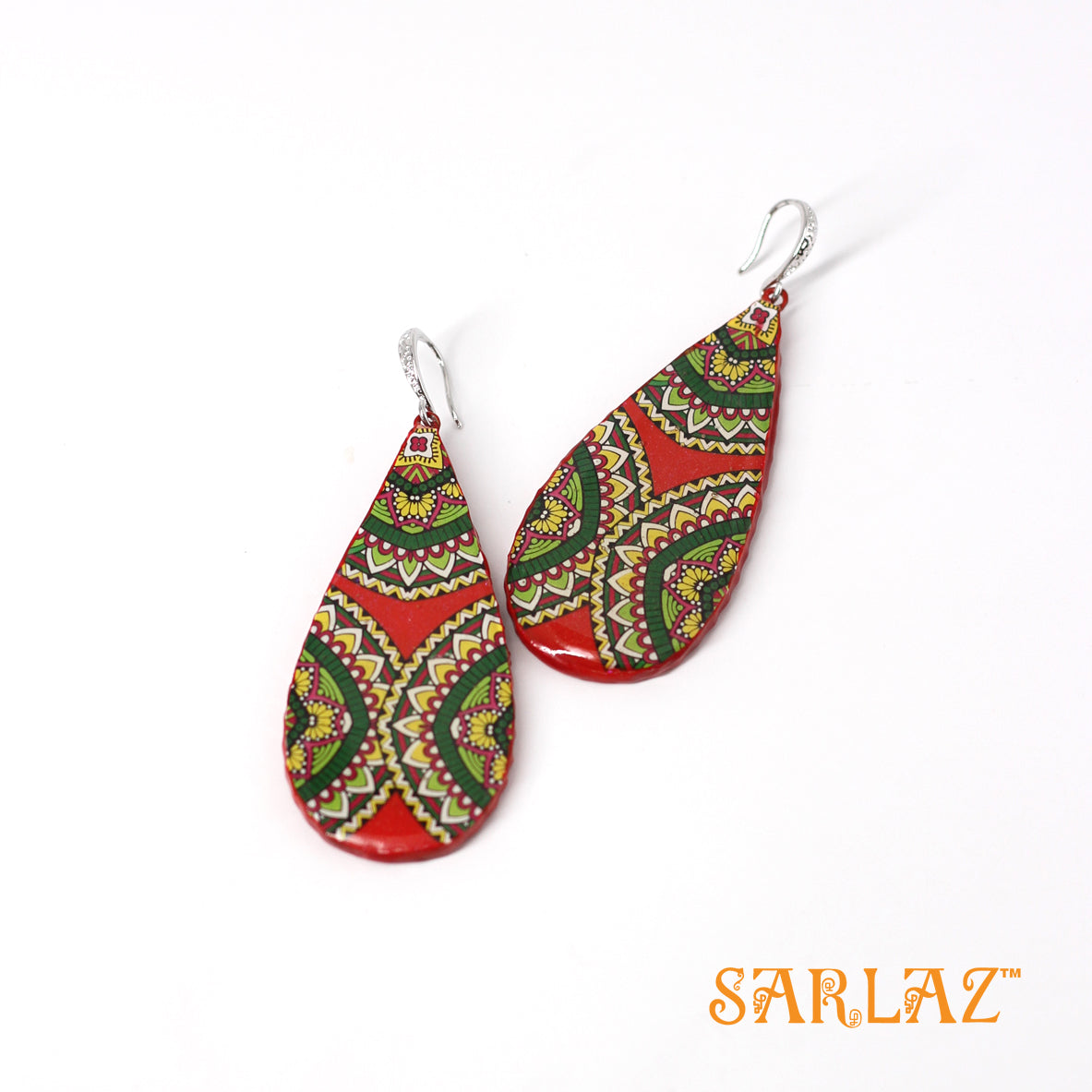 Renee Red Green wrap pattern Teardrop Earrings — Pattern theme jewellery