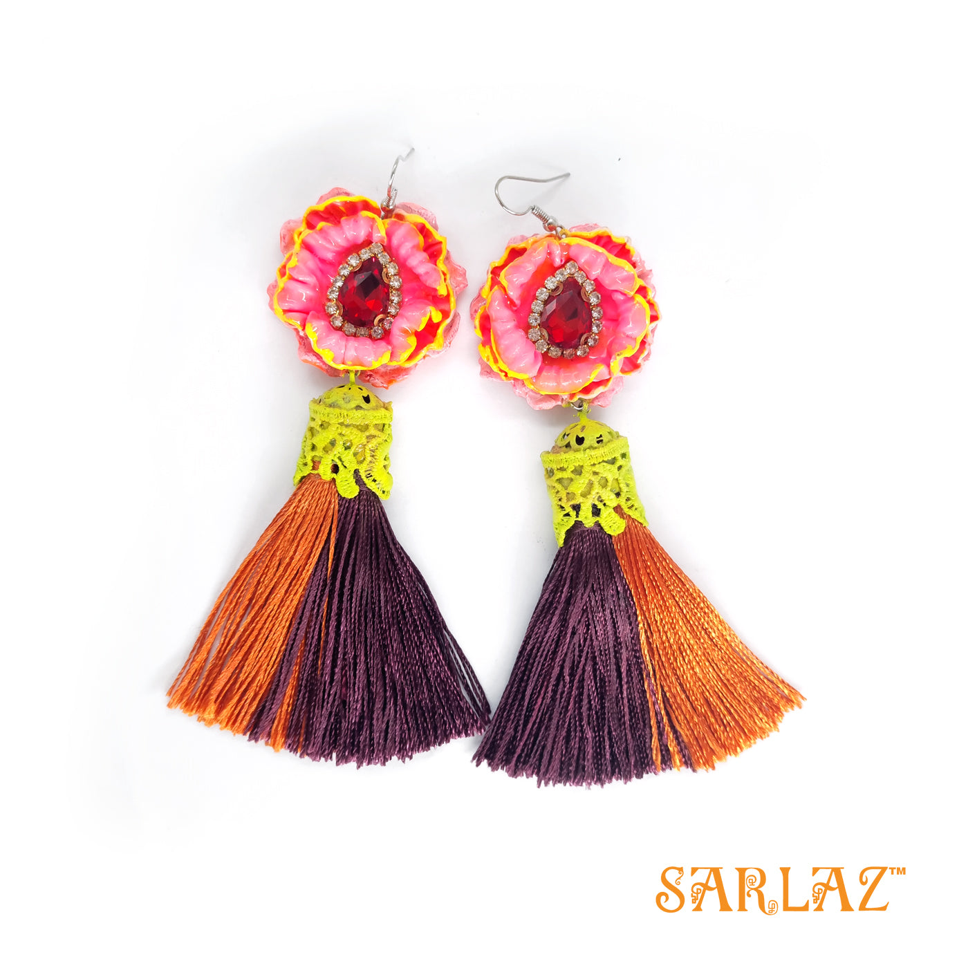 Tangerine Twilight Tassels — Flower Statement Earrings — Tassel Earrings
