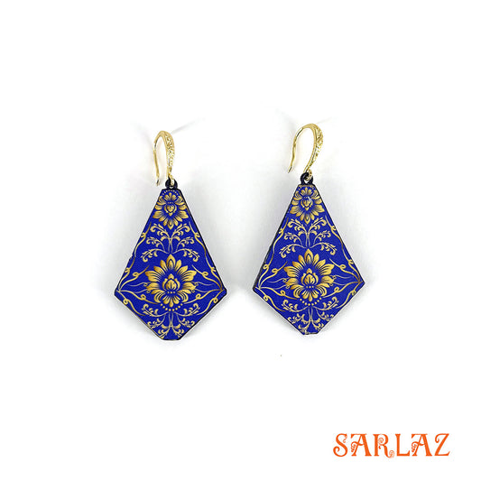 Blue and gold floral patterned earrings on a white background with 'SARLAZ' branding.