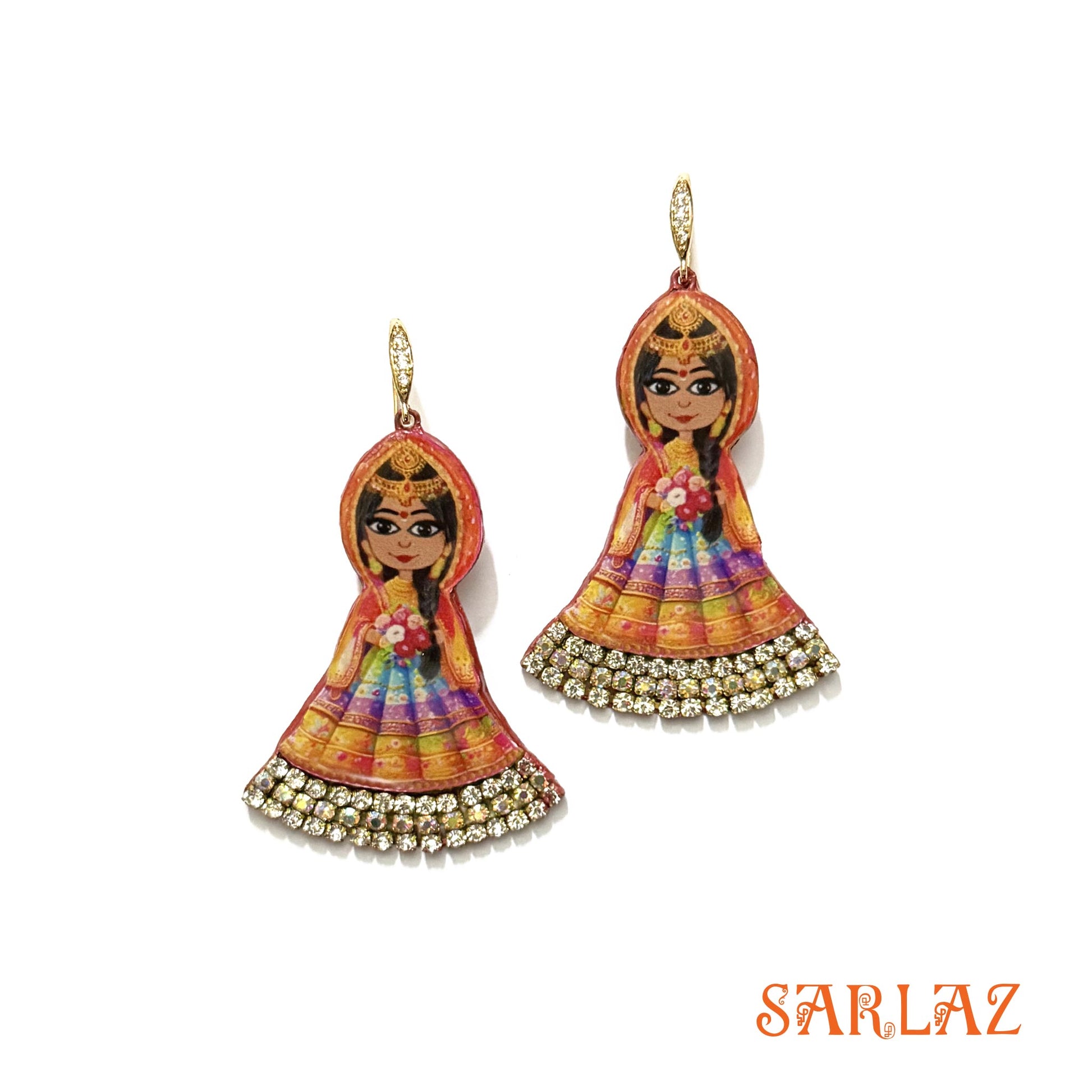 Colorful earrings with a cute Indian Bride art and design on a white background, featuring the brand 'SARLAZ'.