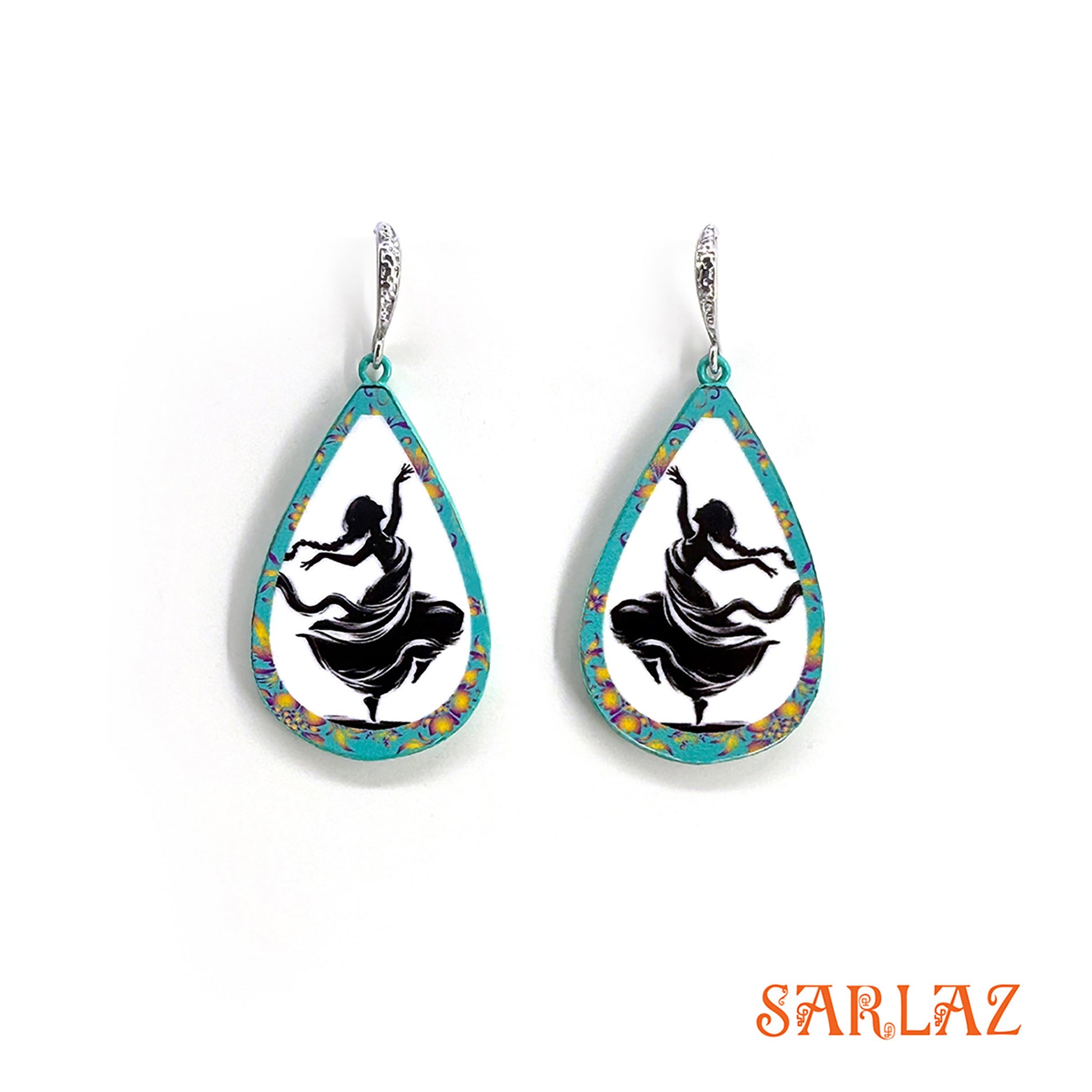 Teardrop-shaped earrings with dancer design on a white background, featuring the brand 'SARLAZ'.