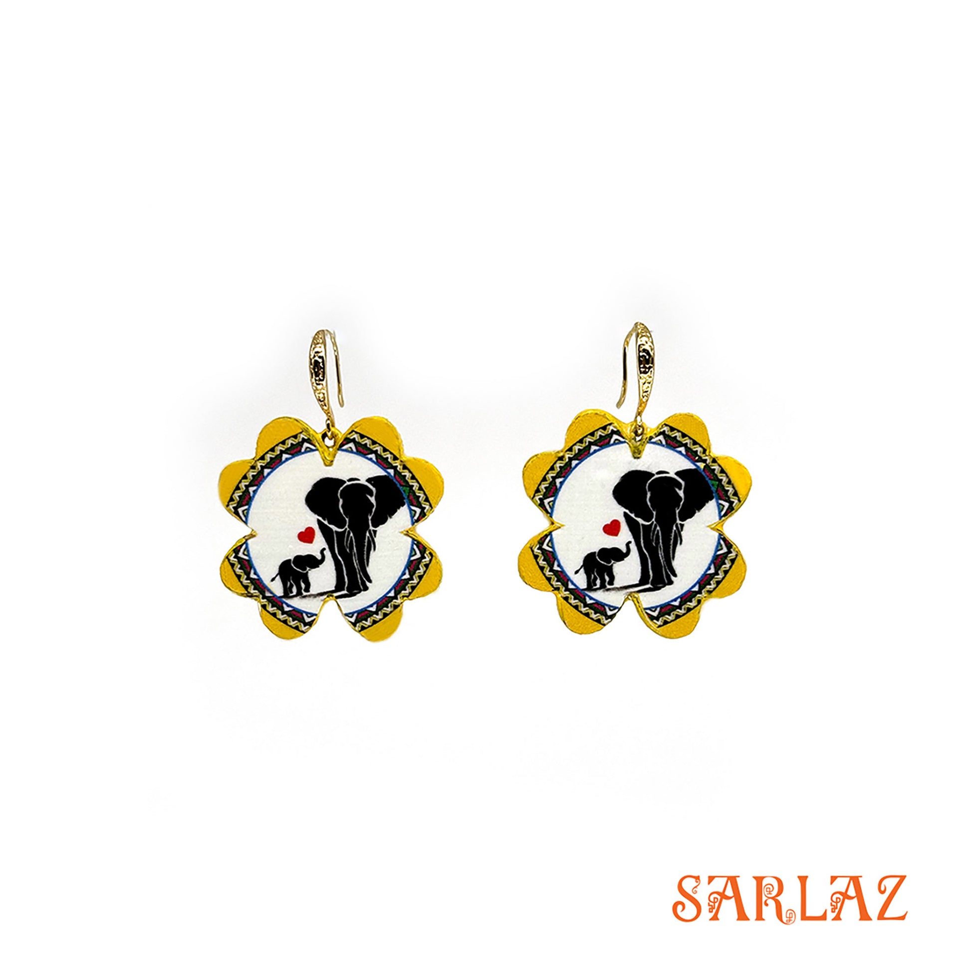 Pair of earrings with elephant and bay elephant design on a white background, featuring the brand 'SARLAZ'.