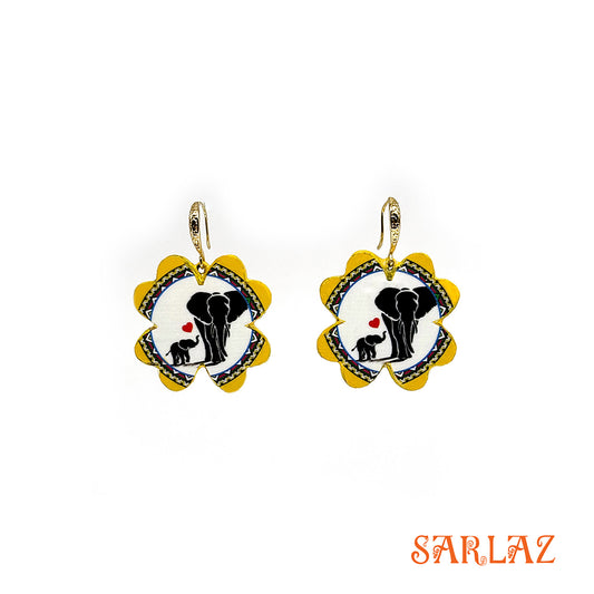 Pair of earrings with elephant and bay elephant design on a white background, featuring the brand 'SARLAZ'.
