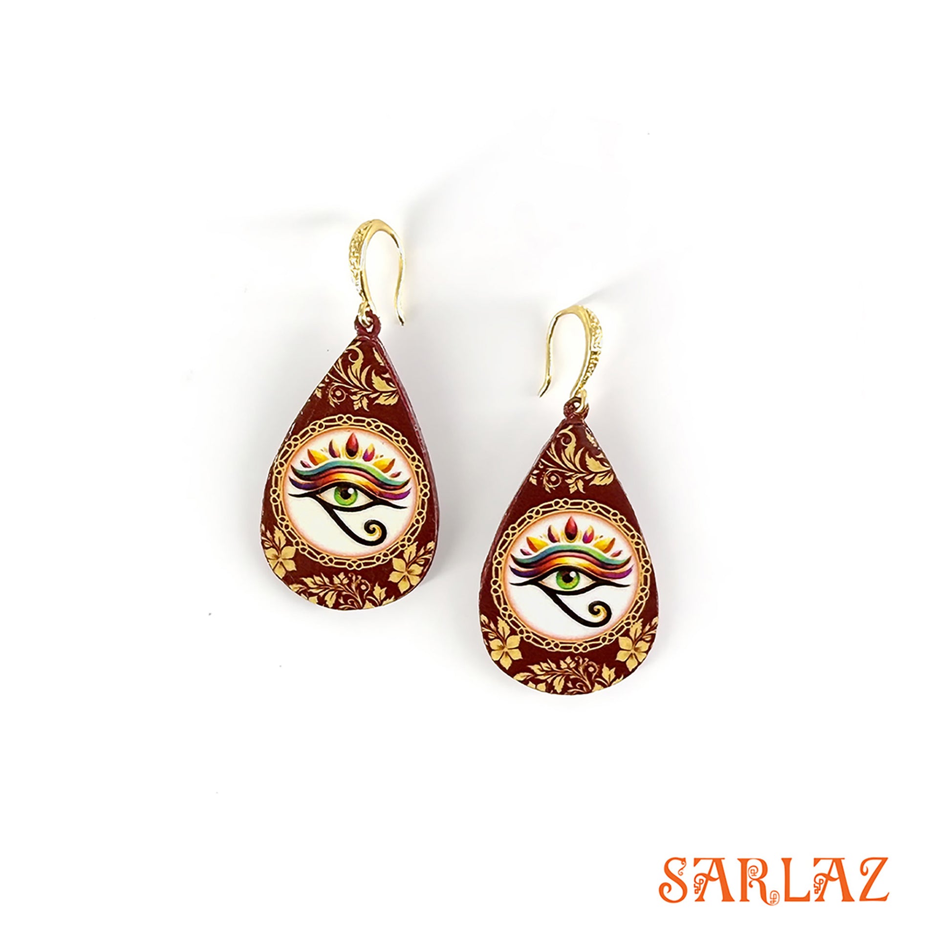 Teardrop-shaped earrings with colorful eye design on a white background, featuring the brand 'SARLAZ'.