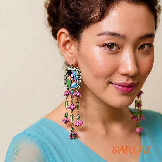 Timeless Poise — Floral Tassel Frame — Woman Art Earrings