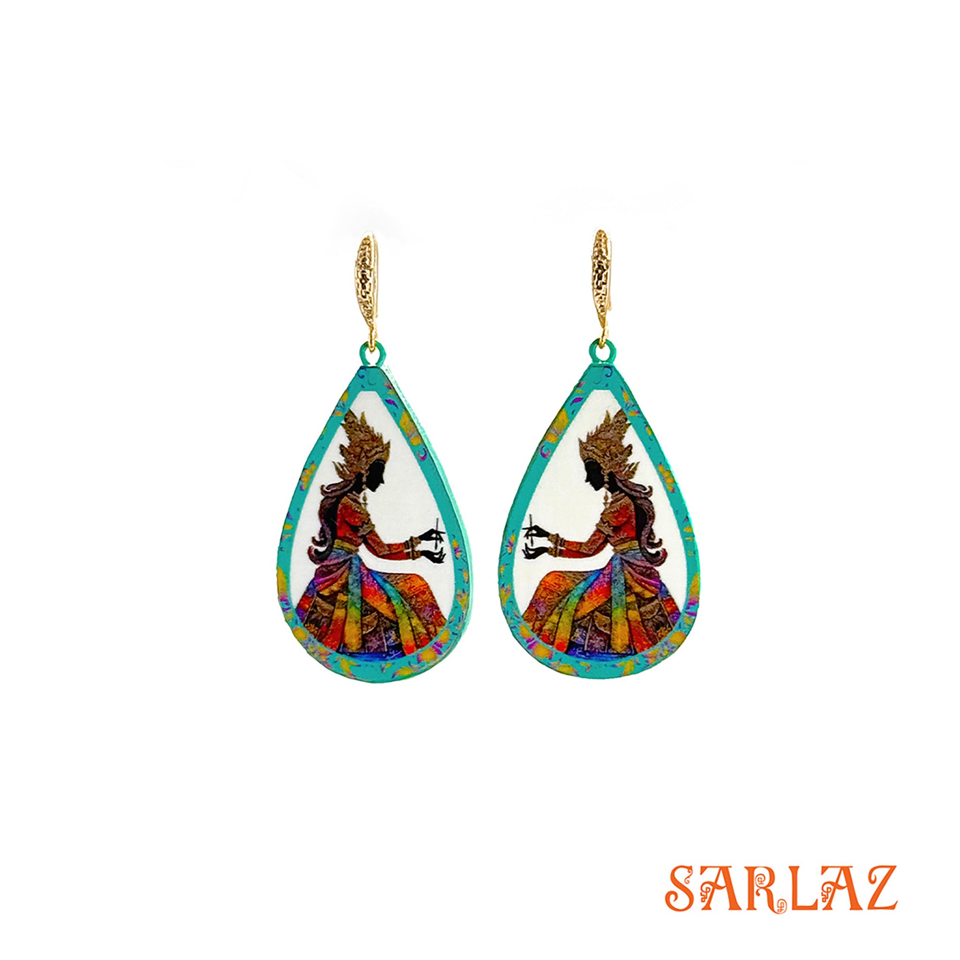 Teardrop-shaped earrings with colorful design on a white background, featuring the brand 'SARLAZ'.