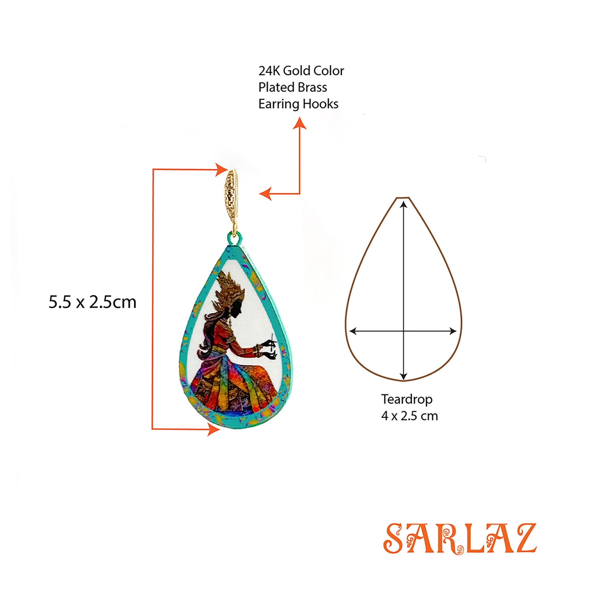 Teardrop-shaped earring with colorful design and gold hooks, featuring dimensions and SARLAZ branding.