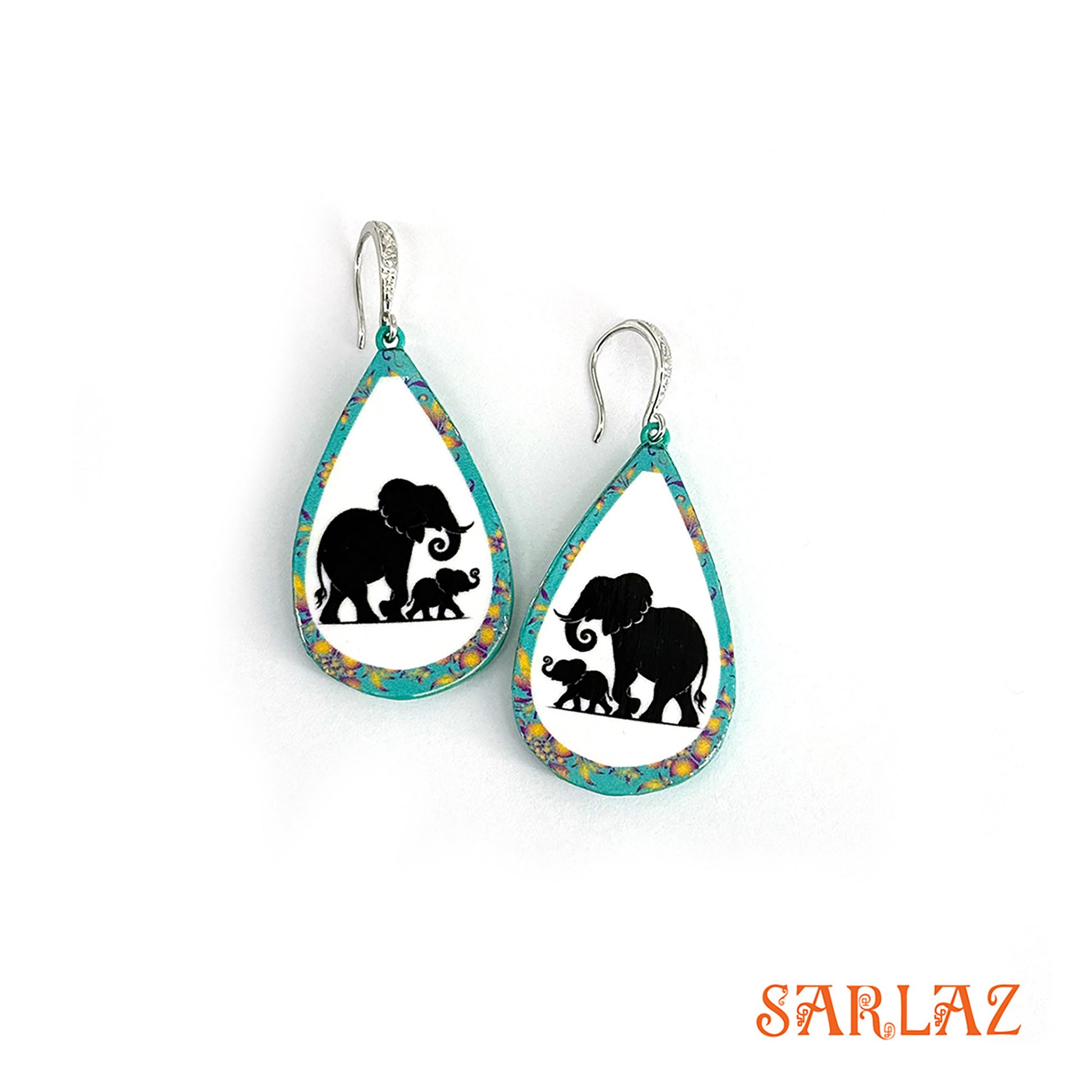 Teardrop-shaped earrings with elephant and baby elephant design on a white background, featuring the brand 'SARLAZ'.