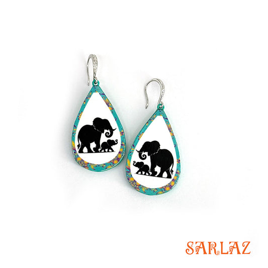 Teardrop-shaped earrings with elephant and baby elephant design on a white background, featuring the brand 'SARLAZ'.