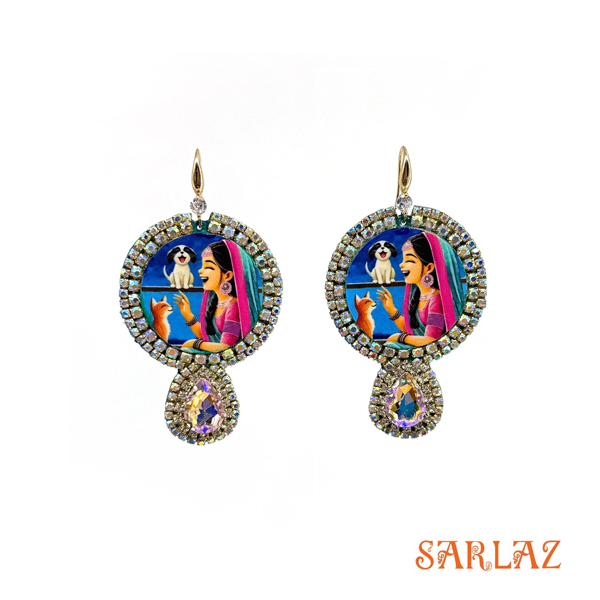 Decorative earrings with a colourful design featuring a girl, a puppy and a cat. Branded 'SARLAZ'.