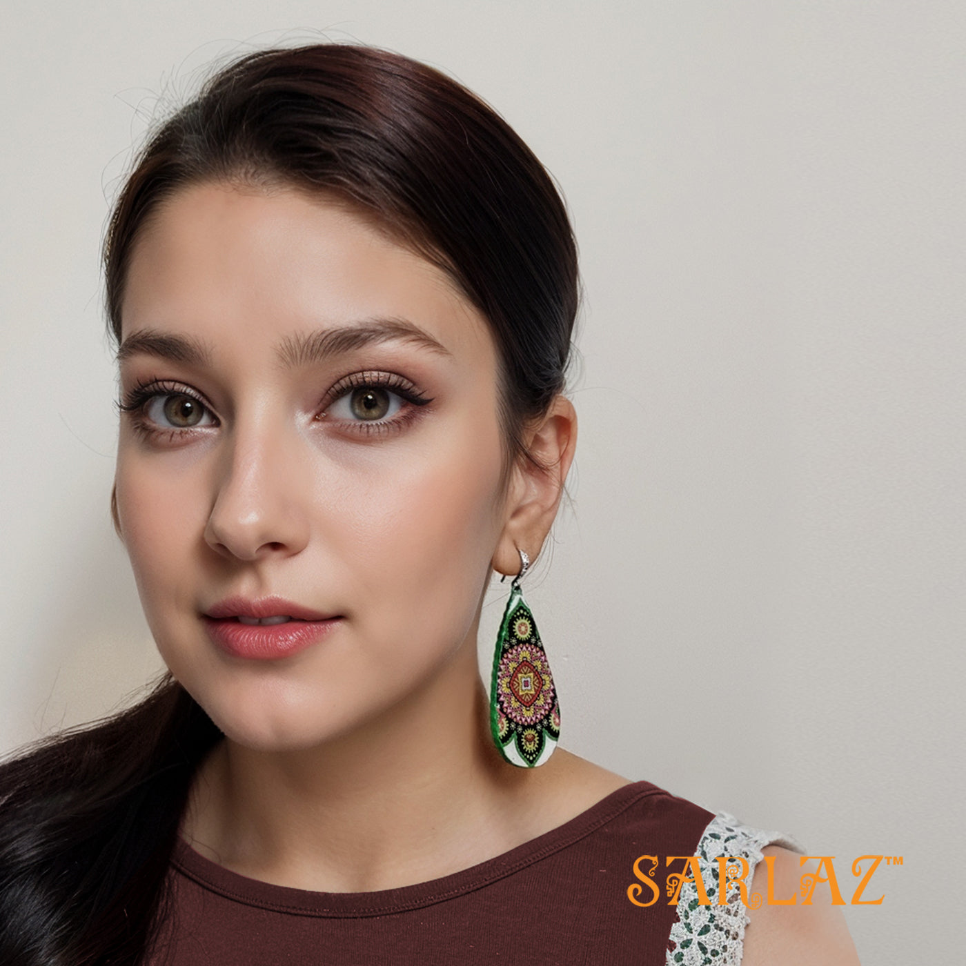 Winika white base green floral earrings — Pattern theme jewellery