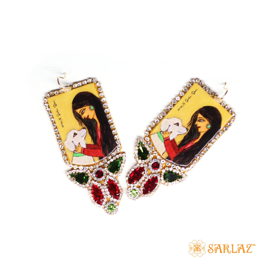 Denara — Badge Shape Rhinestone Embellishment — Dog Art Earrings