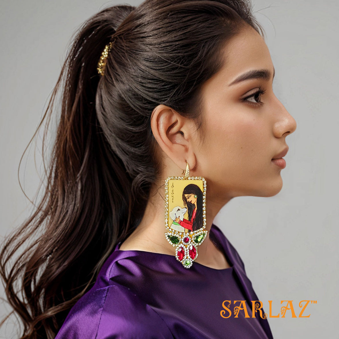 Denara — Badge Shape Rhinestone Embellishment — Dog Art Earrings