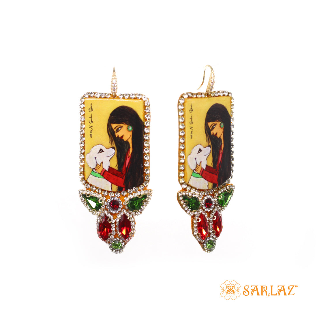 Denara — Badge Shape Rhinestone Embellishment — Dog Art Earrings