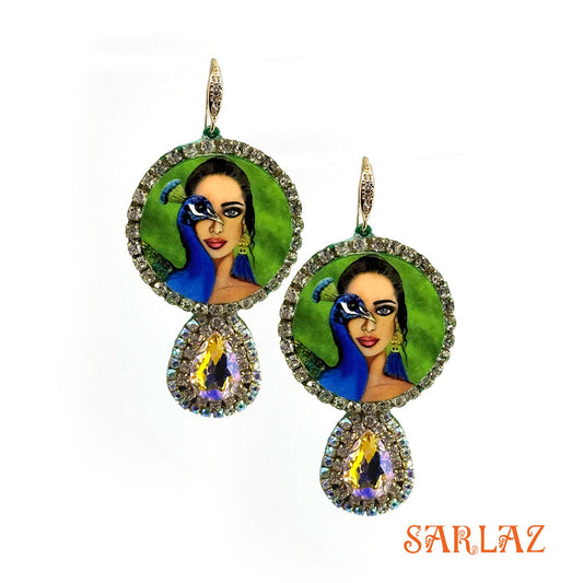 Gaze of Seranda — Round Gemstone Frame — Peacock Art Earrings