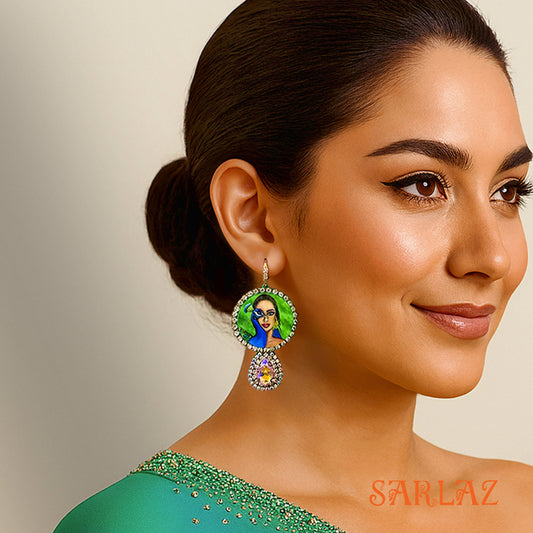 Gaze of Seranda — Round Gemstone Frame — Peacock Art Earrings