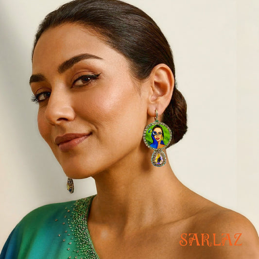 Gaze of Seranda — Round Gemstone Frame — Peacock Art Earrings