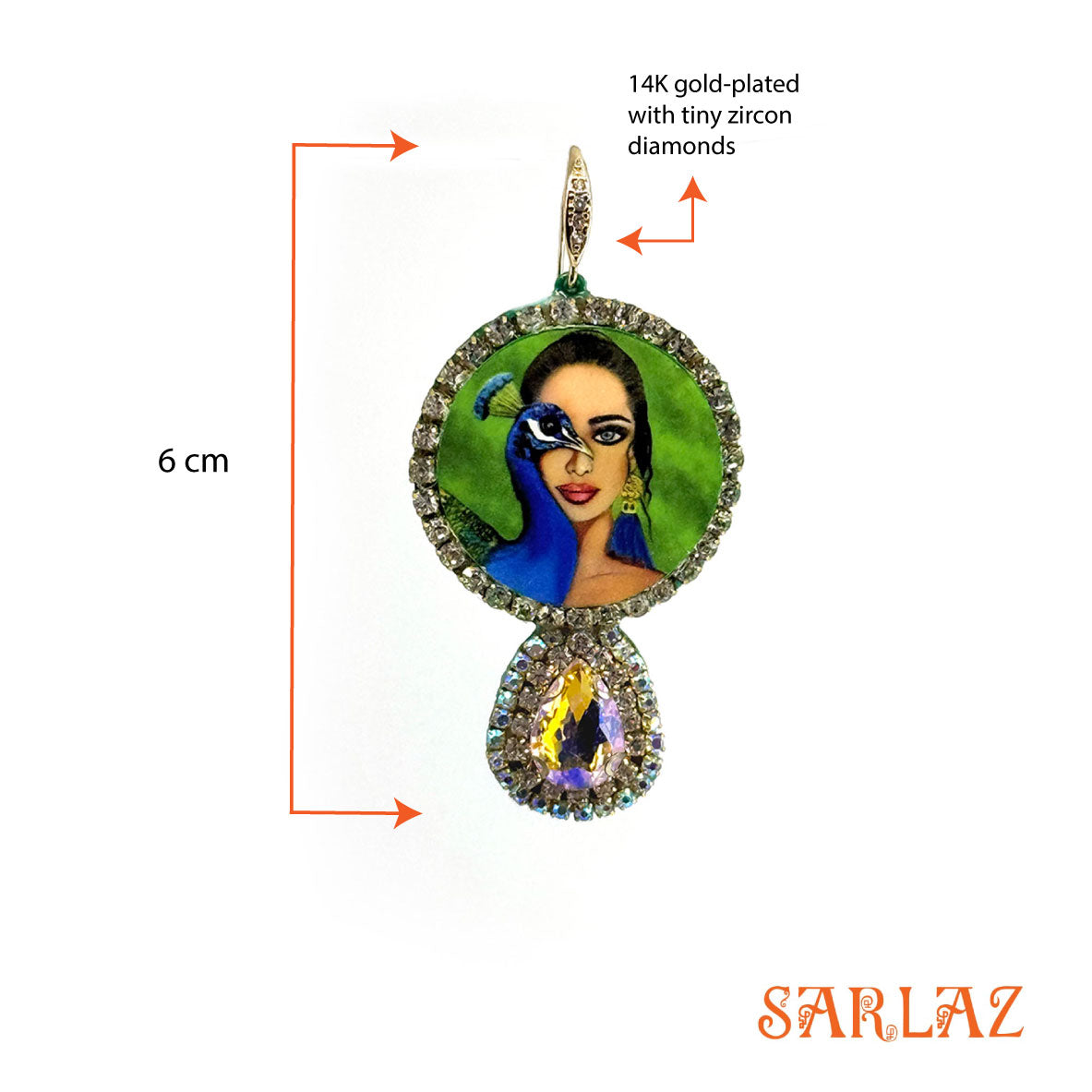 Gaze of Seranda — Round Gemstone Frame — Peacock Art Earrings