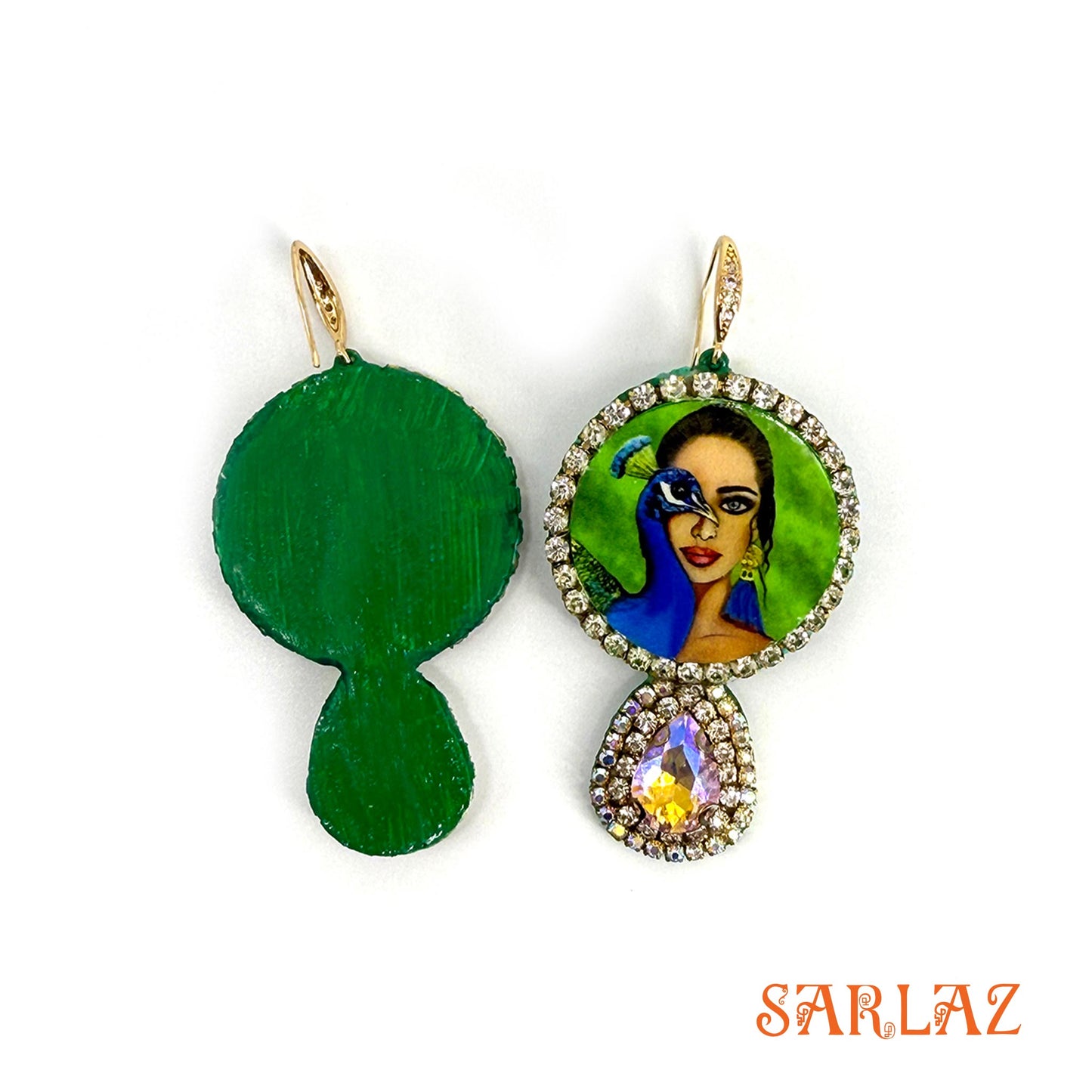 Gaze of Seranda — Round Gemstone Frame — Peacock Art Earrings
