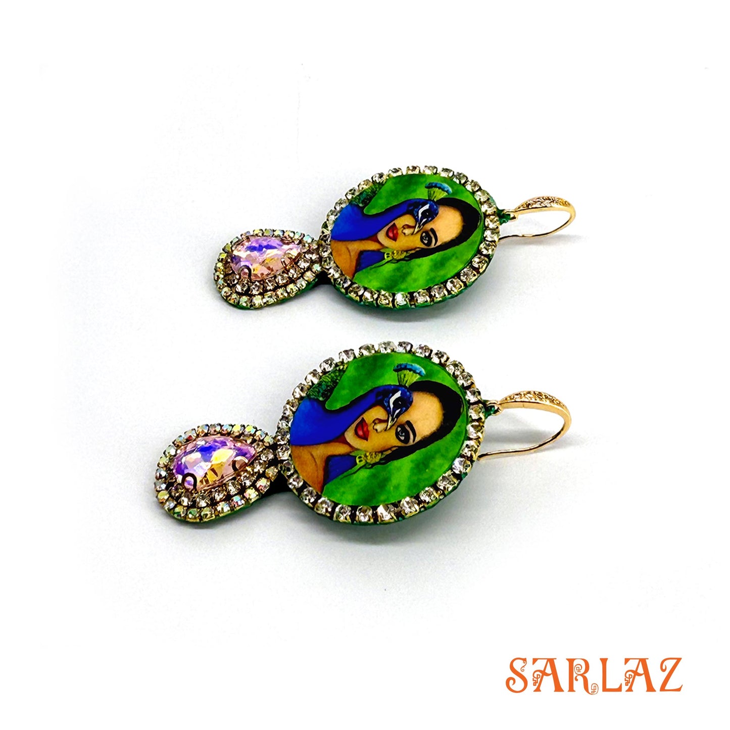 Gaze of Seranda — Round Gemstone Frame — Peacock Art Earrings