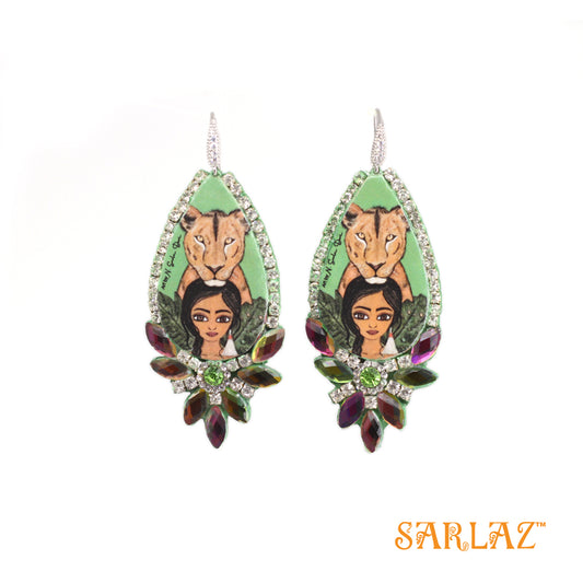 Kalyanee — Rhinestone Teardrop Shape — Lioness Art Earrings