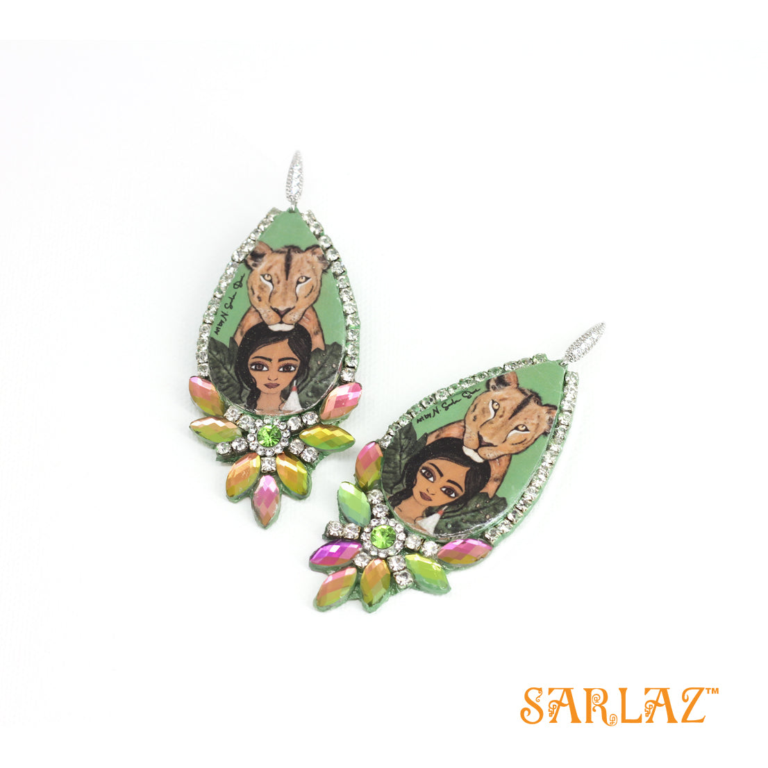 Kalyanee — Rhinestone Teardrop Shape — Lioness Art Earrings