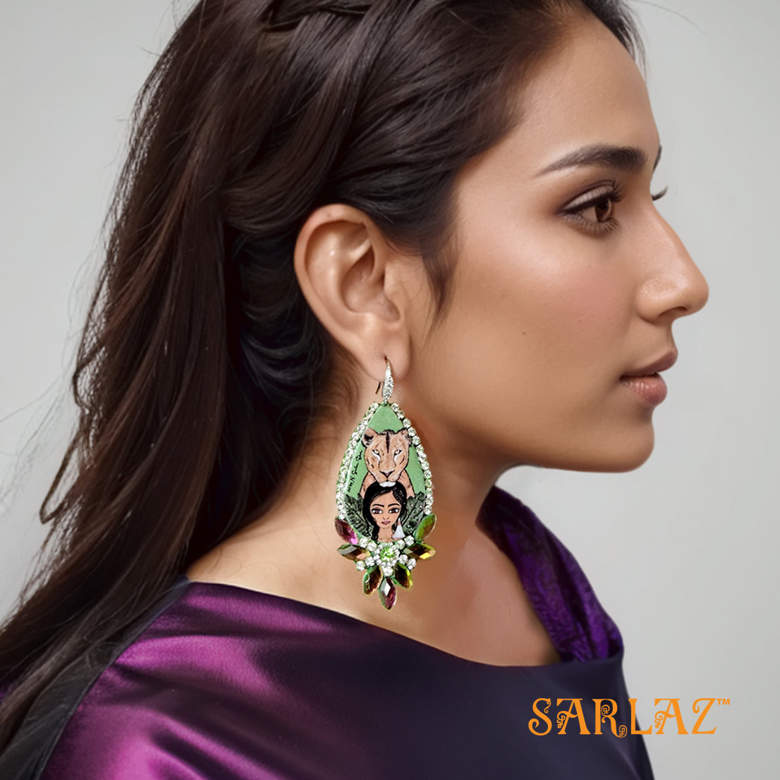 Kalyanee — Rhinestone Teardrop Shape — Lioness Art Earrings