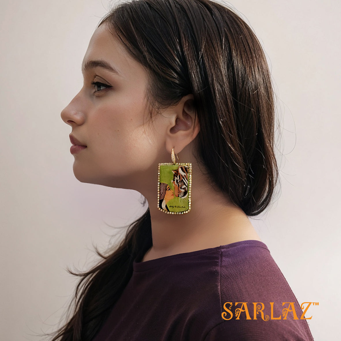 Yodhini — Badge Shape Rhinestone — Tiger Art Earrings