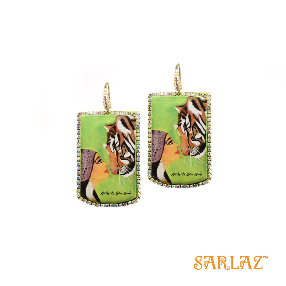 Yodhini — Badge Shape Rhinestone — Tiger Art Earrings