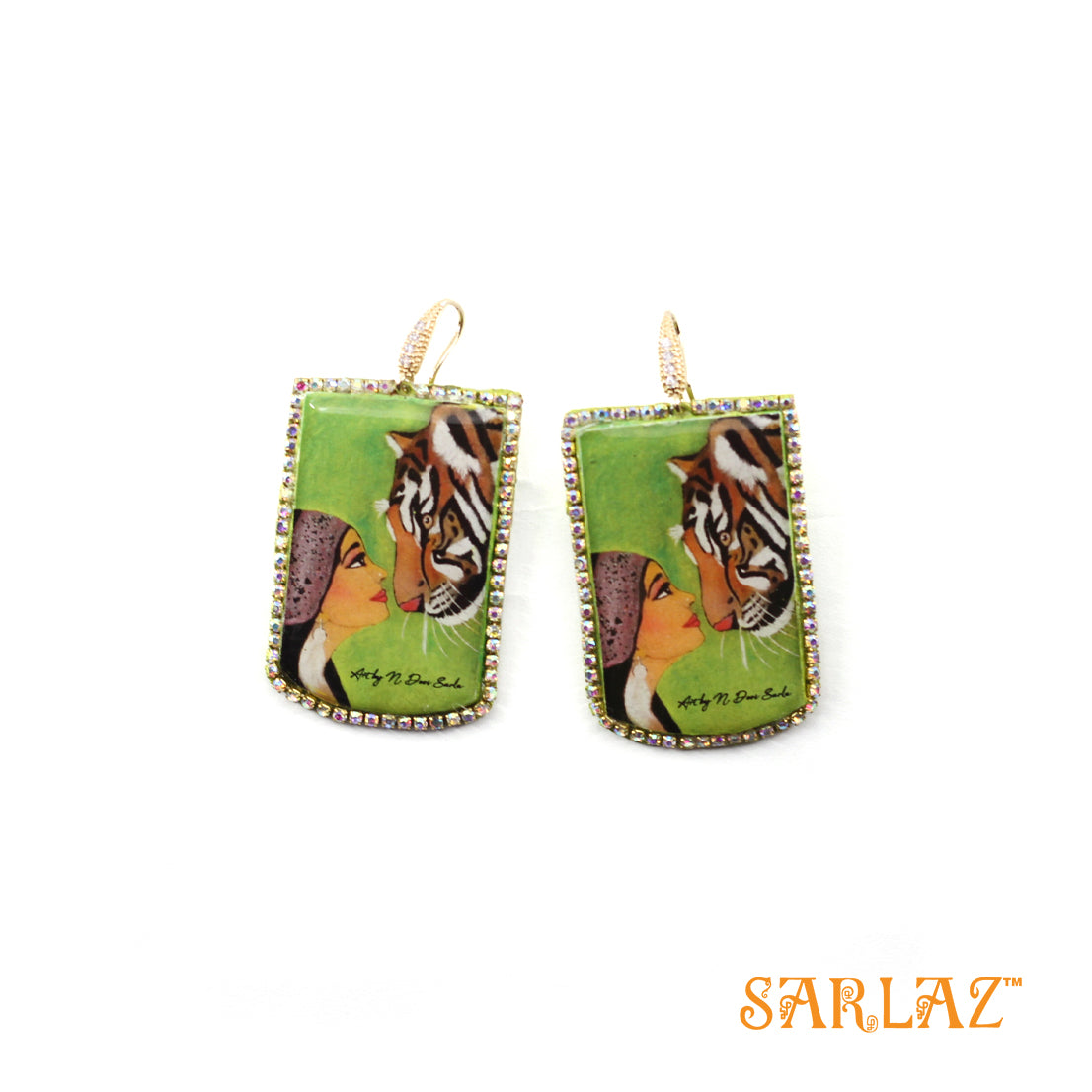 Yodhini — Badge Shape Rhinestone — Tiger Art Earrings
