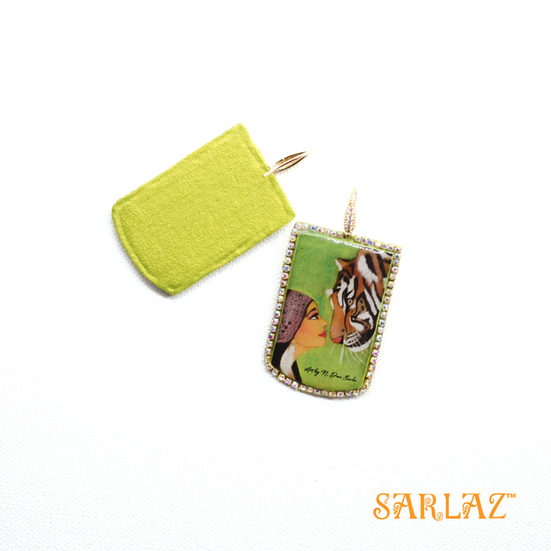 Yodhini — Badge Shape Rhinestone — Tiger Art Earrings