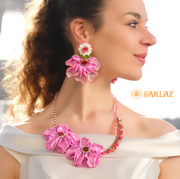 Classy Pink Flower Earrings -  Floral earrings - Floral Statement earrings