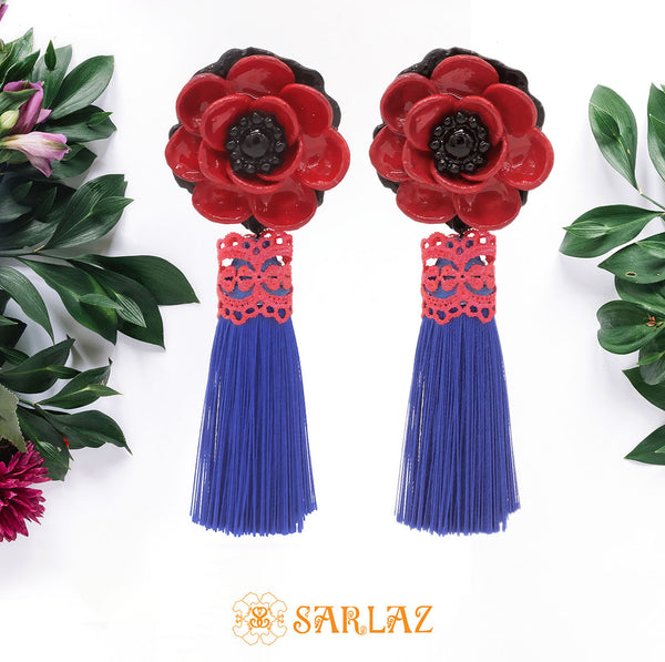 Ritzy Red Flower Statement Earrings - Tassel Earrings