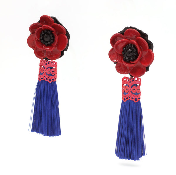 Red Flower, blue Tassel earrings Bold and lightweight earrings