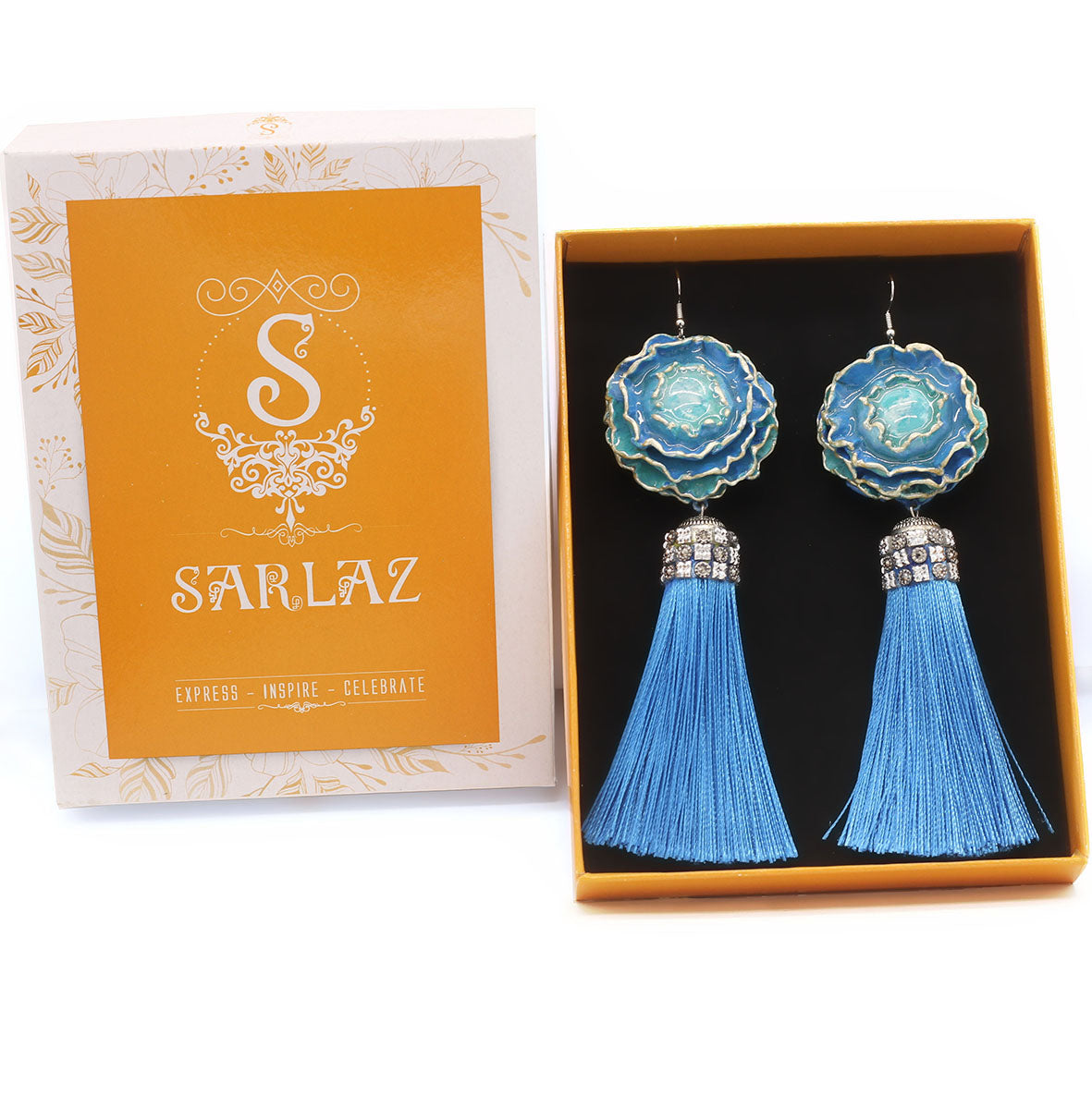 Stately Blue Flower Statement Earrings - Tassel Earrings